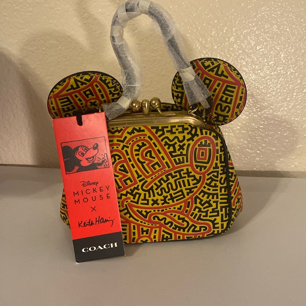 NWT💃Coach Disney Mickey Mouse Kisslock Bag/ Leather/Black-Yellow-Orange